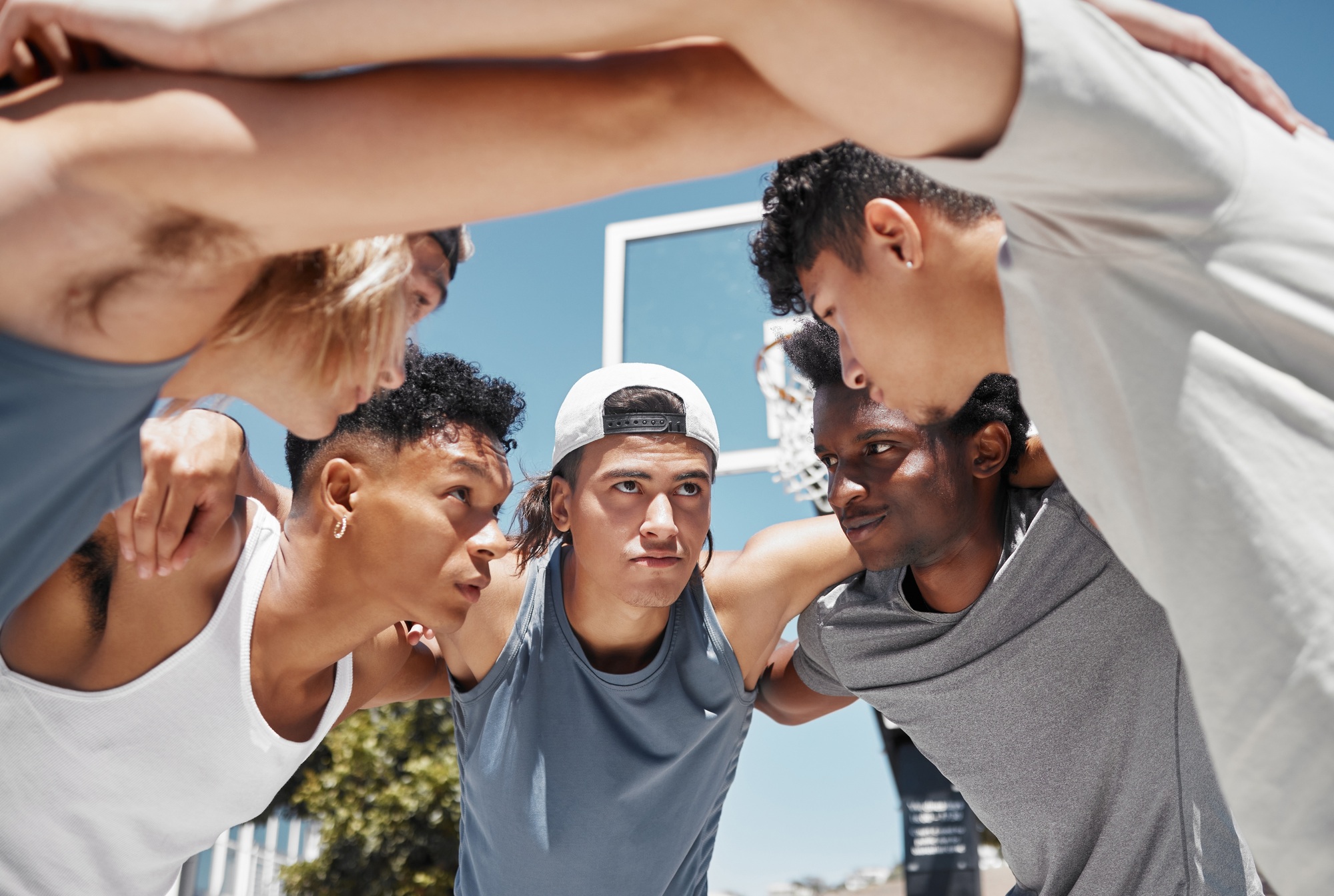 Teamwork, support and sports with basketball man for planning, community and mission. Workout, fitn